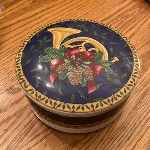 Mikasa Vintage &quot;Holiday Music&quot; Lidded Trinket Dish; Christmas Trinket Dish With Holly Berry and Gold Horn, Discontinued