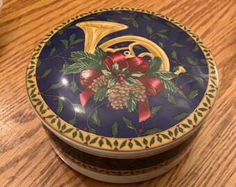 Mikasa Vintage "Holiday Music" Lidded Trinket Dish; Christmas Trinket Dish With Holly Berry and Gold Horn, Discontinued