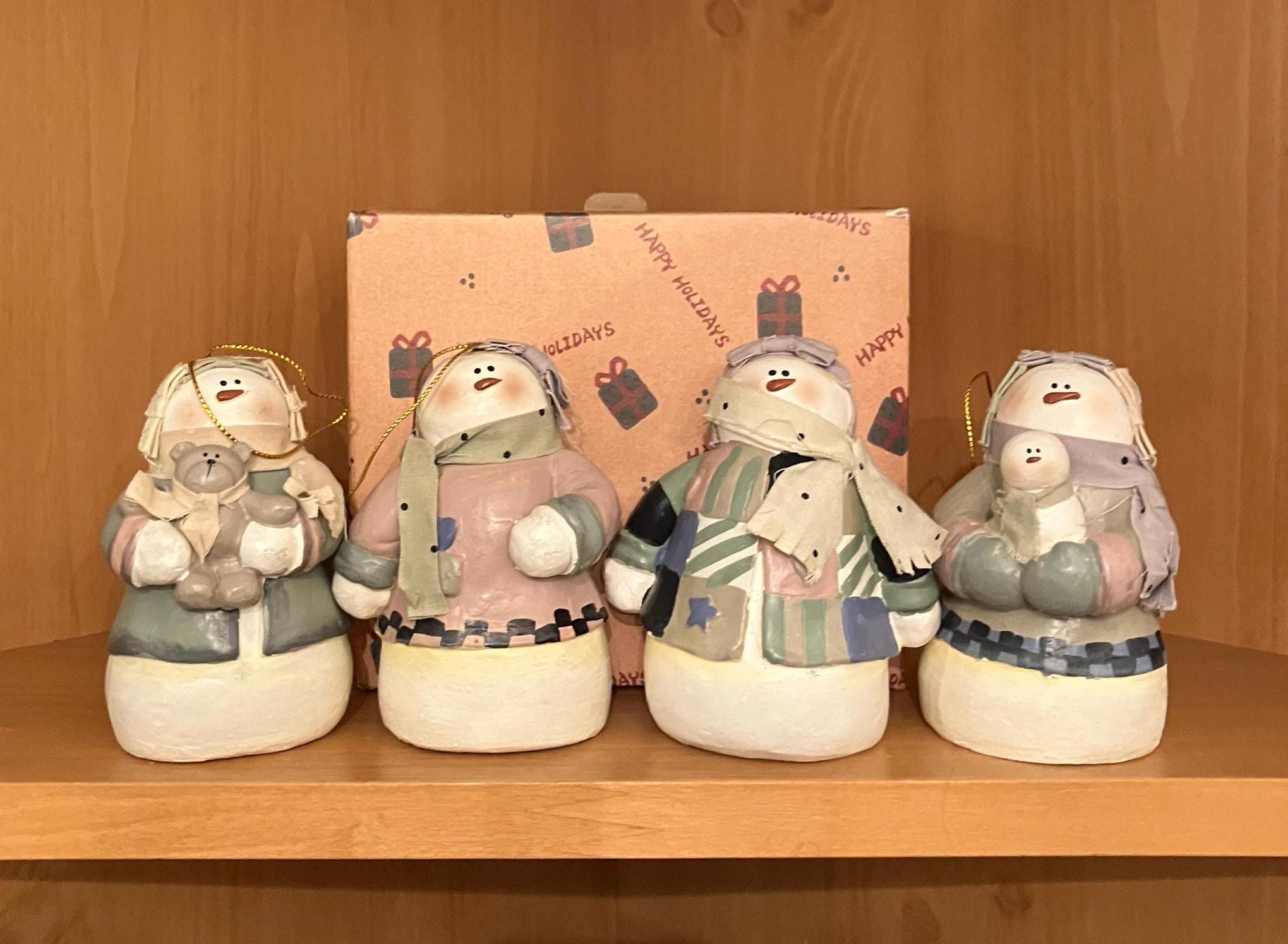 Vintage CMI Henton Ceramic Snowman Family Ornaments in Original