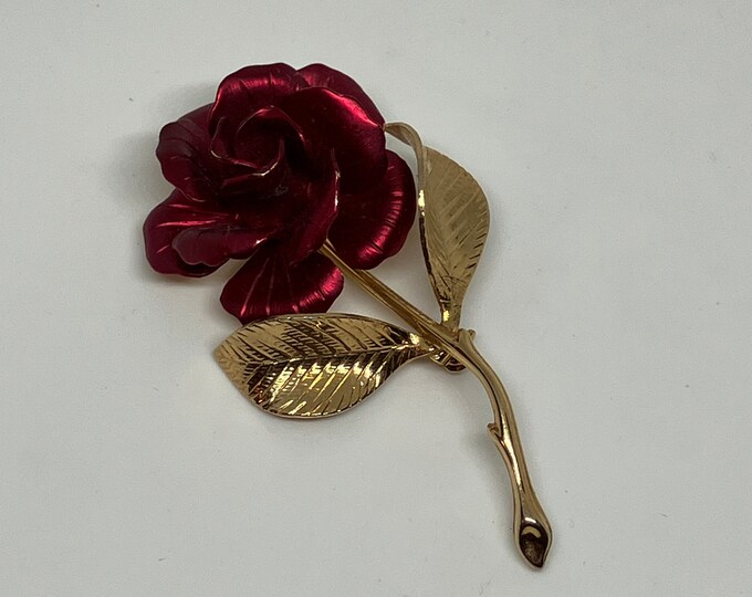 Broche Vintage Fleur Rose Rouge Signée Cerrito - Occasion, état TBE, En Métal