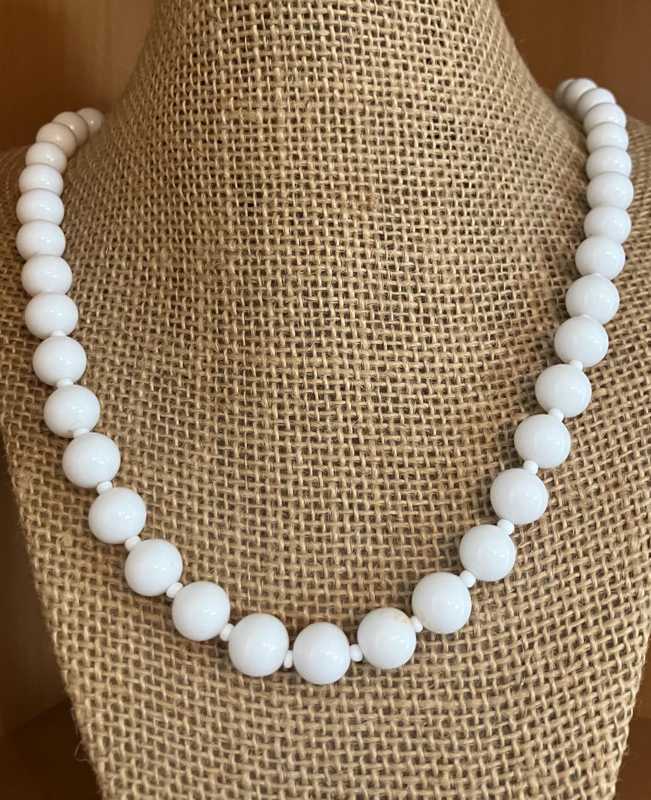 Miriam Haskell Signed Vintage White Milk Glass Beaded Necklace