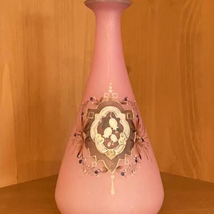 Antique European Victorian Pink Opaline Glass Dresser Bottle; Hand Enameled Pink Vanity Bottle