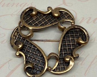 Tortolani Signed Vintage Brassy Gold Tone Basket Weave Brooch or Pendant; Midcentury Designer Signed Pin