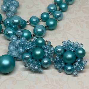 Vintage Blue Glass and Lucite Beaded Necklace With Matching Clip on Earrings; Midcentury Beaded Jewelry Set, Japan