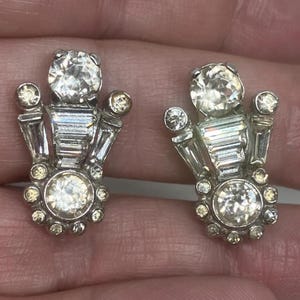 Mazer Bros Signed Vintage Art Deco Silver Tone Rhinestone Clip on Earrings; Sparkly Mazer Brothers Clip Ons