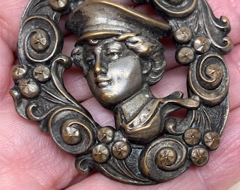 Vintage Pot Metal WWII Era European Soldier Brooch; Highly Detailed Repousse Soldier Pin With C Clasp, 1940s