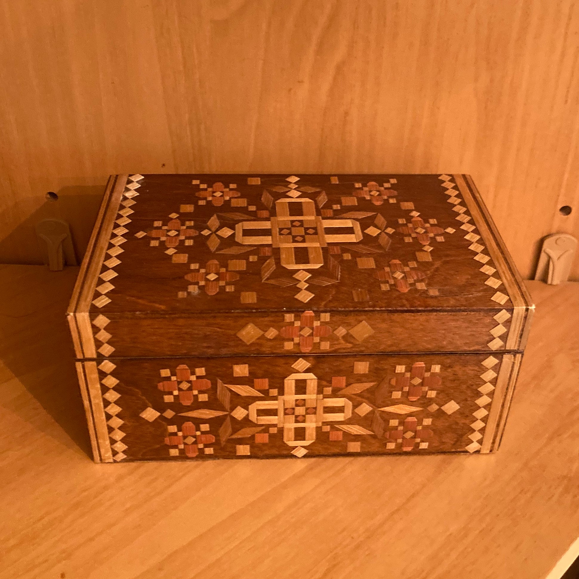 Russian Vintage Inlaid Straw Wooden Jewelry or Trinket Box