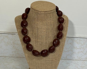 Vintage Hawaiian Kukui Nut Beaded Necklace; Brown Kukui Nut and Wood Chunky Statement Necklace, 18 Inches
