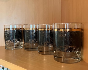 Vintage Black Marble and Gold Band Double Rocks Glasses, Set of Four; Lot of Four Vintage Low Ball Cocktail Glasses