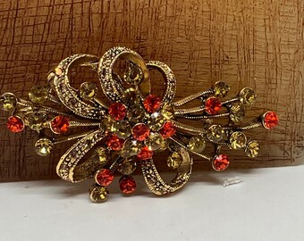 Broche Ancienne Strass Orange - Bijou Fantaisie Déco - Occasion