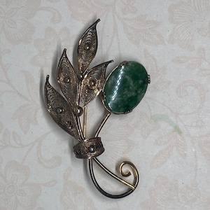 Sorrento Sterling Silver Gold Vermeil and Jade Bouquet Brooch; Vintage Filigree Floral Bouquet Brooch