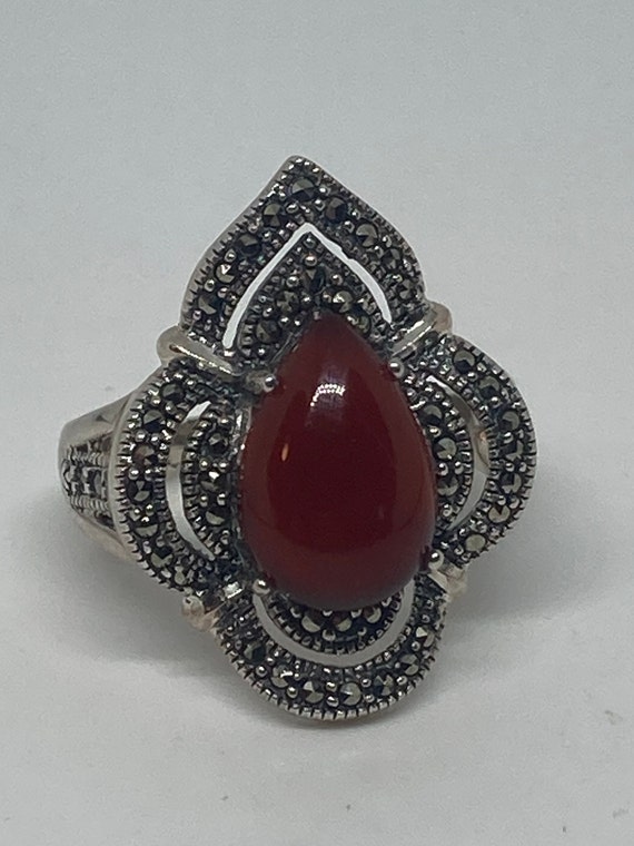 Sterling Silver Carnelian Marcasite Statement Rin… - image 2