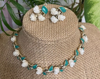 White Celluloid Rose and Green Enameled Leaves Jewelry Set; Vintage Gold Tone Necklace and Clip on Earrings Set, 1940s