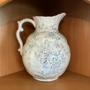 Pitcairns Limited Antique Blue NORMA Porcelain Royale Large Water Pitcher; Antique Blue Transferware Pitcher, Tunstall England, 1890s RARE