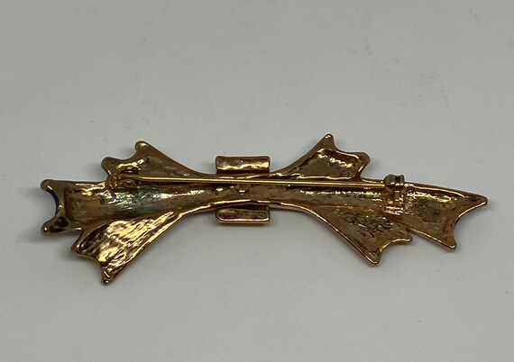 Vintage Gold Tone Bow Brooch With Blue Enamel and… - image 7