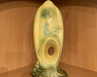 HULL Vintage Yellow and Green Peacock Split Vase; Midcentury Art Pottery 10 1/2 Inch Planter HULL 73-USA, 1950s