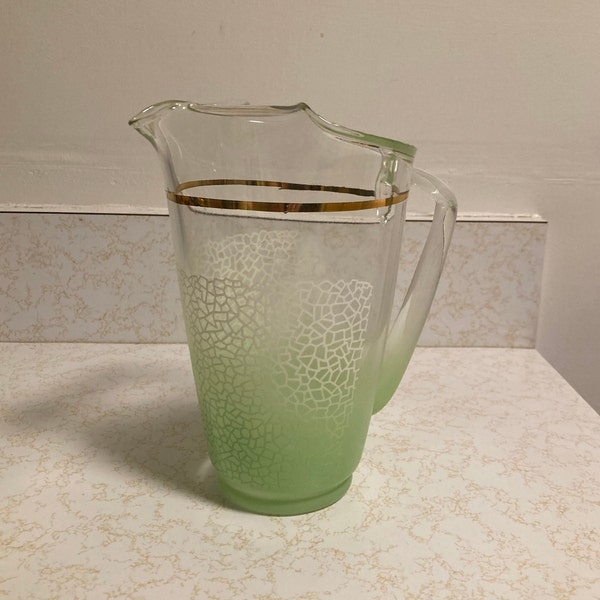 West Virginia Glass Specialties Green Blendo Ombre Beverage Pitcher With White Crackle Applied, Rare Retro Ice Lip Pitcher 32 oz