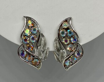 Vintage Aurora Borealis Clip on Earrings; Silver Tone Sparkly AB Earrings, Holiday Earrings