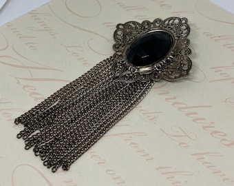Antique Victorian Silver Tone Black Lucite Stone Tassel Brooch With C Clasp; Ornate Filigree Dangling Chain Brooch