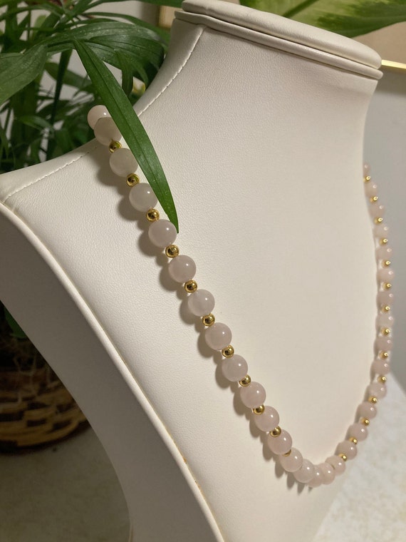 Rose Quartz Vintage Beaded Necklace With Gold Ton… - image 4
