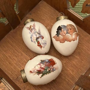 The Egg Lady Vintage Porcelain Christmas Ornaments, Set of Three; Old World Decorated Egg Shaped Porcelain Christmas Ornaments