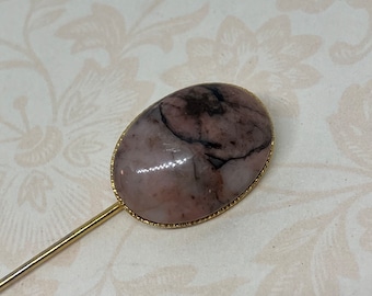 Vintage Gold Tone Jasper Stick Pin; Rose Jasper Oval Cabochon Gemstone Stick Pin
