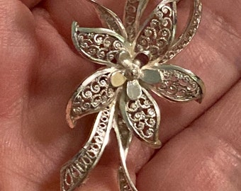 Broche/Pendentif Filigrane Argent Massif 925 Fleur Stylisée - Occasion/antiquité