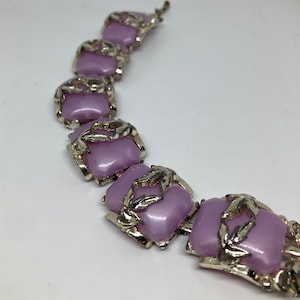 Vintage Light Purple Thermoset Chunky Book Link Bracelet; Silver Tone Metal Overlay Lavender Moonglow Link Bracelet