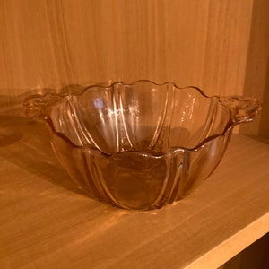Anchor Hocking Vintage Pink Oyster and Pearl Double Handled Bon Bon Dish; Vintage Pink Glass Tab Handle Bowl, 1930s