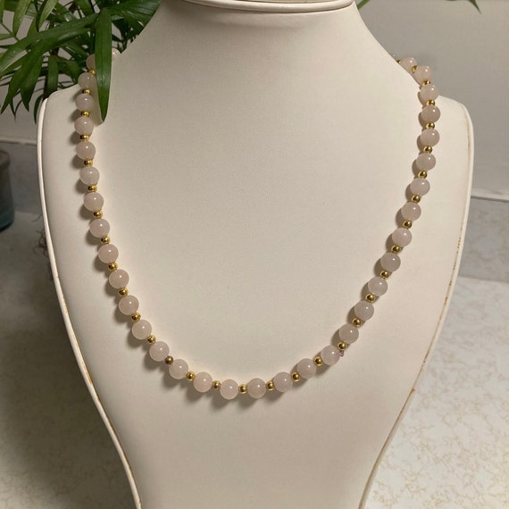 Rose Quartz Vintage Beaded Necklace With Gold Ton… - image 7