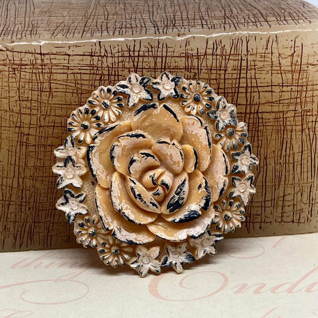 Art Deco Carved Ivory Celluloid Flower Brooch; Vintage or Antique
