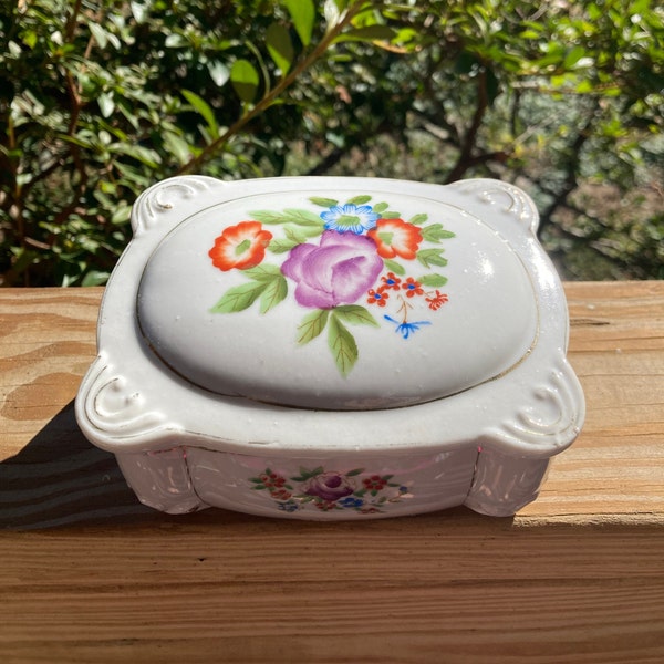 Vintage Porcelain Lidded Trinket Box With Floral Pattern, Rectangular Embossed Dresser Box Occupied Japan