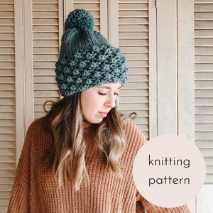 May include: A teal knitted hat with a large pom-pom on top. The hat has a textured, bobble-like pattern around the brim. The image also includes the text "knitting pattern".