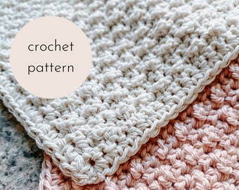 May include: Close-up of two crocheted squares, one in a light beige and the other in a soft pink. The text "crochet pattern" is in a circular shape in the upper left corner. The texture of the crochet is visible.
