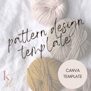 May include: A Canva template for a knitting pattern design, featuring three balls of yarn in different colors: beige, light brown, and yellow.