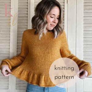 May include: A mustard yellow knitted sweater with a ruffled hem. The sweater is shown on a model against a white wood slat background. The text "knitting pattern" is visible in the lower right corner of the image.