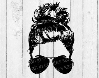 May include: Black and white silhouette of a woman with a messy bun hairstyle and sunglasses. The image is a digital design for crafting projects.