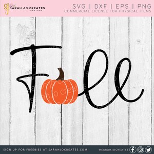 May include: A black and white cursive word "Fall" with a small orange pumpkin in the middle of the word.