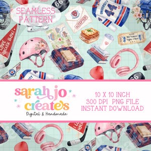 May include: A seamless pattern featuring illustrations of hockey helmets, jerseys, pucks, sticks, pink headphones, a plaid blanket, books, a lasagna dish, a campus map, an acceptance letter, and a ticket on a light blue grid background.