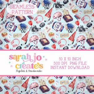 May include: A seamless pattern featuring hockey jerseys with the number 44, pink helmets with floral accents, hockey sticks, skates, headphones, books, and tickets. The image includes the text SEAMLESS PATTERN, sarah jo creates, and 10 X 10 INCH 300 DPI PNG FILE INSTANT DOWNLOAD.