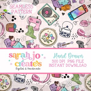 Hobbies Seamless Pattern, Hand Drawn Hobby Design (Digital Download)