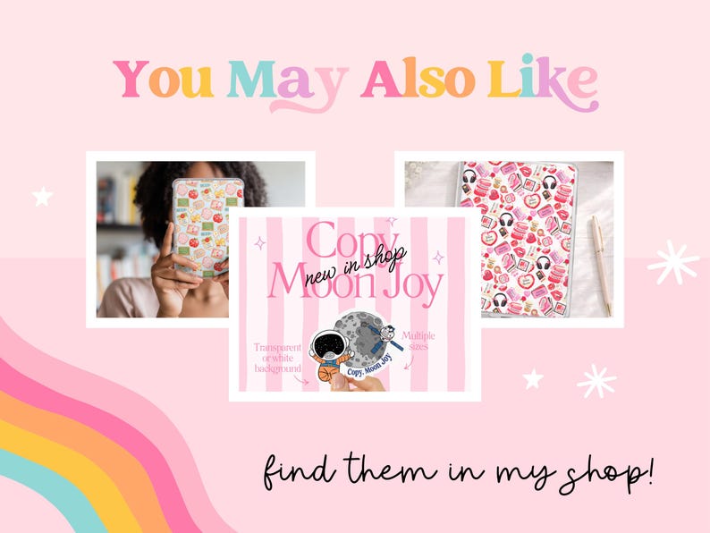 K&ouml;nnte beinhalten: Eine Werbegrafik mit dem Text You May Also Like und find them in my shop. Sie zeigt drei Produktbilder: eine Handyh&uuml;lle mit Frucht-Icons, eine Tableth&uuml;lle mit rosa Mustern und einen Aufkleber mit einem Astronauten und dem Mond.
