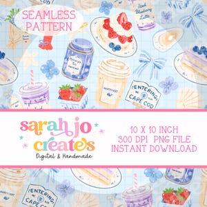 May include: A seamless pattern digital file featuring illustrations of strawberries, iced blueberry lattes, hydrangea tea, Nantucket coffee cups, blue bows, seashells, and Cape Cod signs on a light blue grid background, measuring 25.4 x 25.4 cm.