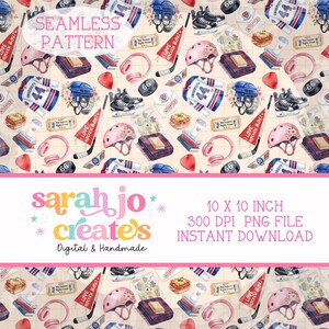 May include: A digital seamless pattern featuring hockey-themed illustrations including jerseys with the number 44, hockey helmets, skates, sticks, pucks, headphones, books, and pennants with the text I LOVE HOCKEY BOYS on a grid background.