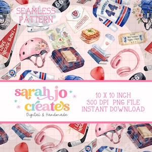May include: A seamless pattern featuring hockey gear, pink helmets with floral accents, university jerseys, books, headphones, a plaid blanket, a lasagna dish, and a Mid Summer Nights Dream ticket on a grid background. Includes text: 10 X 10 INCH 300 DPI PNG FILE INSTANT DOWNLOAD.