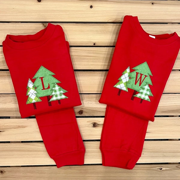 Monogram Christmas tree pajamas, embroidery pajamas, custom pajamas, holiday pajamas, christmas pajamas, kids holiday pajamas, preppy pajama