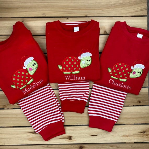 Turtle Christmas Pajamas, Embroidery Pajamas, Christmas Pajamas,  Personalized Pajamas, Kids Pajamas, Preppy Pajamas 