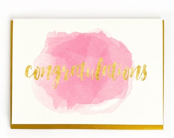 Congratulations Card - Gold Envelope - Gold look brush script with water colour background - wedding, engagement, new baby, exams, new house