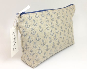 Hand Printed Linen Anchor Purse / Pouch - Blue Silk Lining   -  I'll be Your Anchor