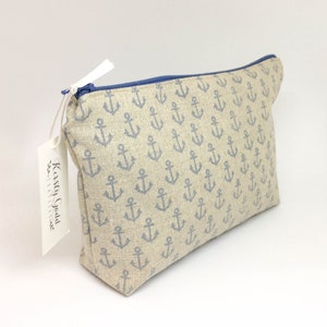 Hand Printed Linen Anchor Purse / Pouch Blue Silk Lining I'll be Your Anchor image 1